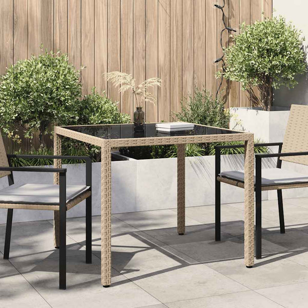 Beiger Gartentisch Teoharie 90x90x75cm (gehärtetes Glas und Polyrattan)
