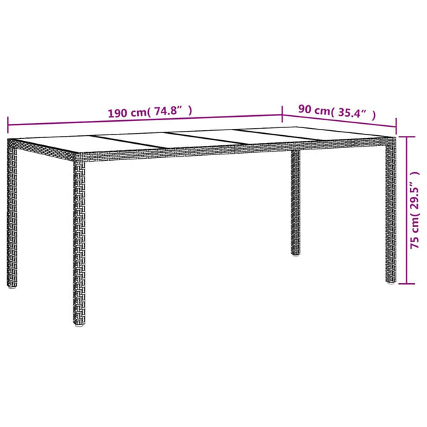 Ruskea puutarhapöytä Memur 190x90x75cm (karkaistu lasi ja polyrottinki)