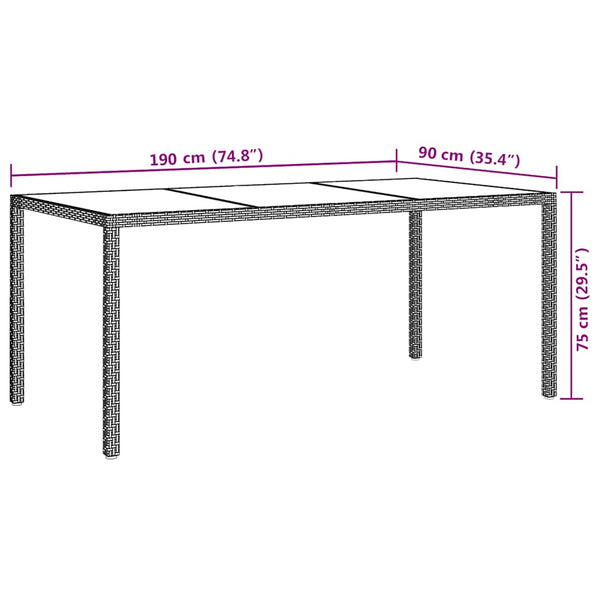 Ruskea puutarhapöytä Memur 190x90x75cm (karkaistu lasi ja polyrottinki)