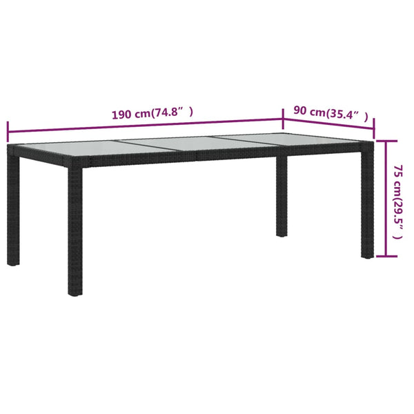 Gartentisch Memur schwarz 190x90x75cm (gehärtetes Glas und Polyrattan)