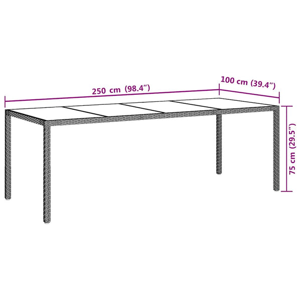 Harmaa puutarhapöytä Iboica 250x100x75cm (karkaistu lasi ja polyrottinki)