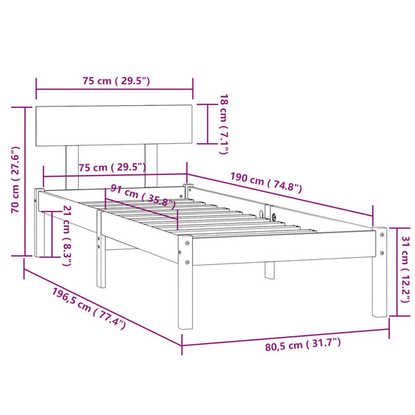 Weißer Bettrahmen Lexie 75x190cm (Holz, kleines Einzelbett)