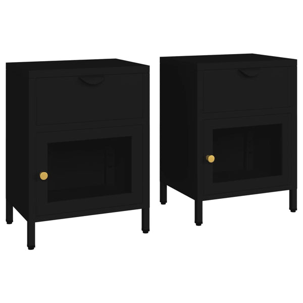 Schwarze Nachttische Molidul 40x30x54,5cm (2 St., Stahl und Glas)