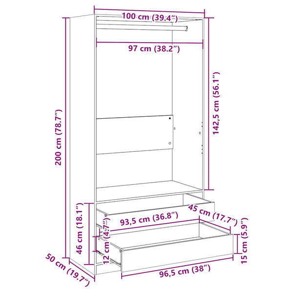 Onal 100x50x200cm Kleiderschrank aus Räuchereiche (Holz)