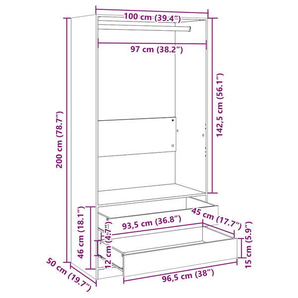 Grauer Onal Kleiderschrank 200cm x 100cm x 50cm (Holz)