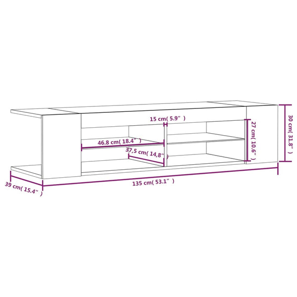 Graues TV-Möbel mit LED-Beleuchtung Christelle 135x39x30cm (Sonoma)