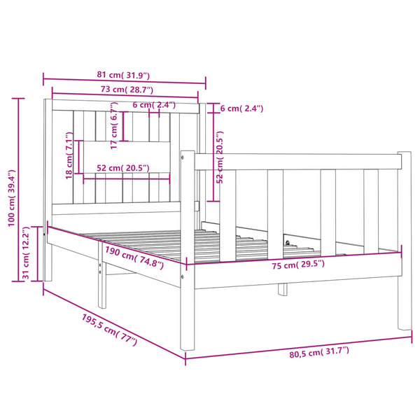 Schwarzer Bettrahmen Teador 75x190cm (Holz, Small Single)