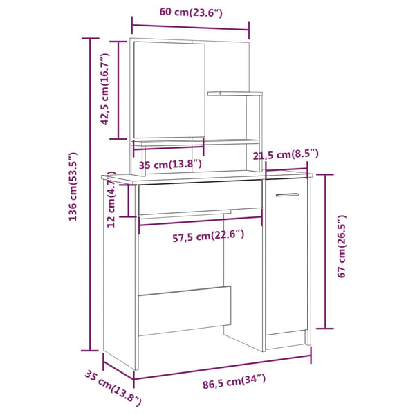 Weißer Schminktisch Simpronia 86,5x35x136cm