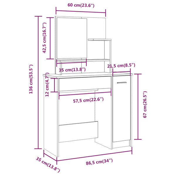 Brauner Eichen-Schminktisch Simpronia 86,5x35x136cm