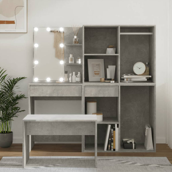 Betongrauer Schminktisch Viorian (mit LED-Beleuchtung, Holz)
