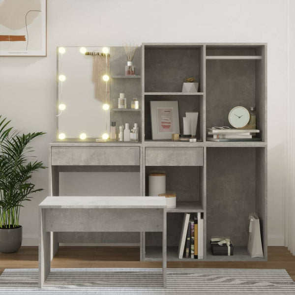 Betongrauer Schminktisch Viorian (mit LED-Beleuchtung, Holz)