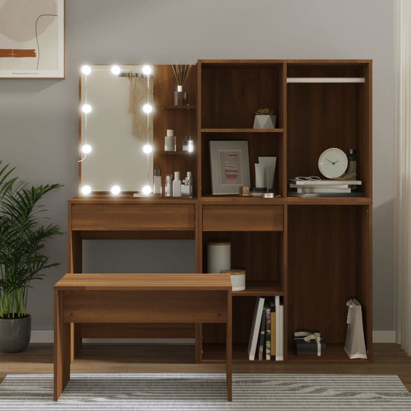 Schminktisch-Set Viorian aus brauner Eiche (mit LED-Beleuchtung, Holz)
