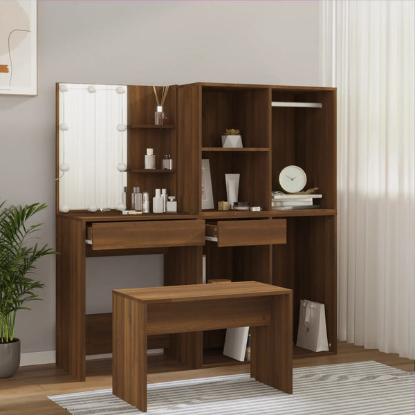 Schminktisch-Set Viorian aus brauner Eiche (mit LED-Beleuchtung, Holz)