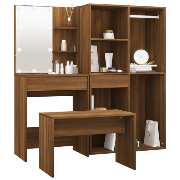 Schminktisch-Set Viorian aus brauner Eiche (mit LED-Beleuchtung, Holz)