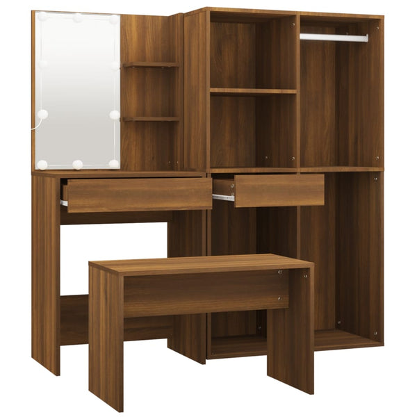 Schminktisch-Set Viorian aus brauner Eiche (mit LED-Beleuchtung, Holz)
