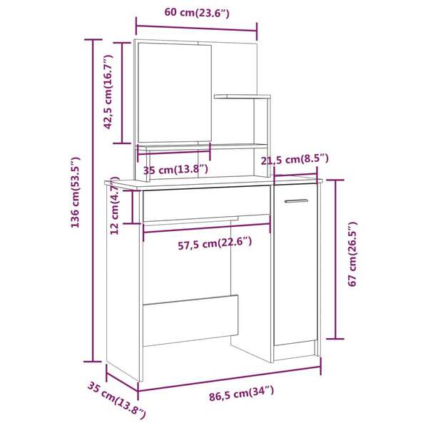 Petruneac Schminktisch-Set weiß 86,5x35x136cm