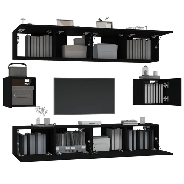 Schwarzes TV-Schrank-Set Caiden (6-teilig, Holz)