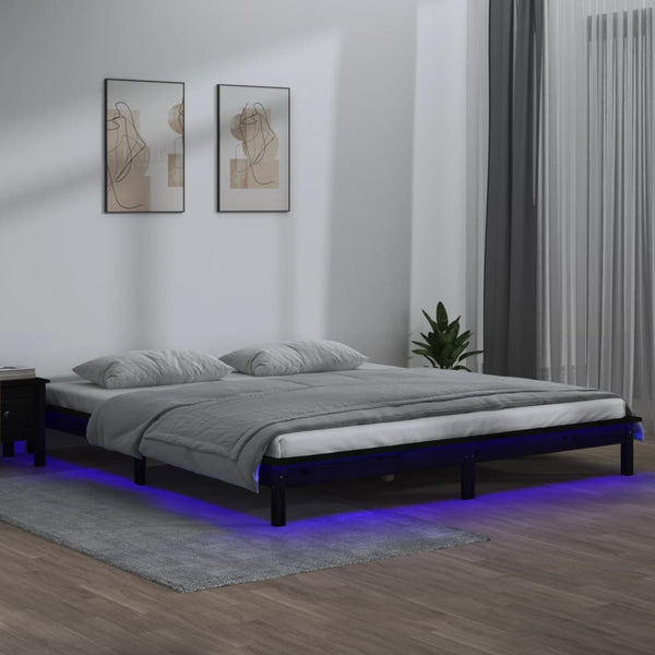 Musta sängynrunko led-valoilla Amosie 200x200cm (puu)
