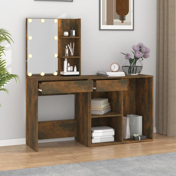 Schminktisch mit LED-Beleuchtung Volter aus geräucherter Eiche und Schrank (Holz)