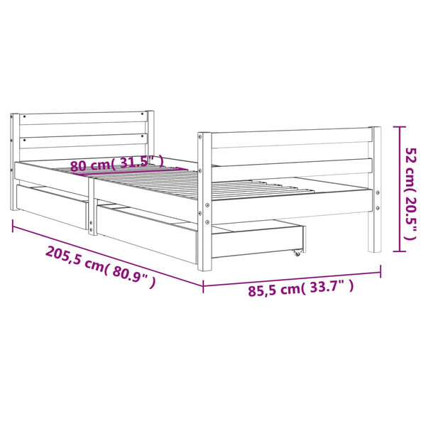 Musta lasten sängynrunko laatikoilla Sipe 80x200cm (mänty)