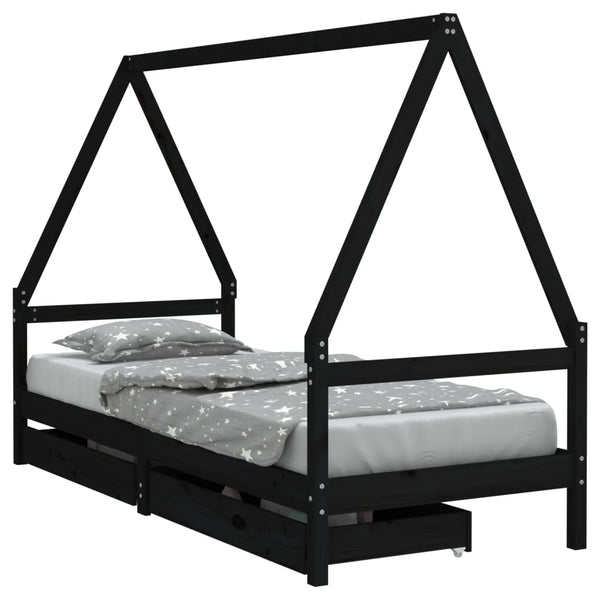 Schwarzes Kinderbettgestell mit Schubladen Braydon 80x200cm (Kiefer)