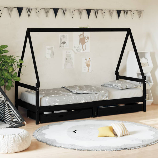 Schwarzes Kinderbettgestell mit Schubladen Braydon 80x200cm (Kiefer)