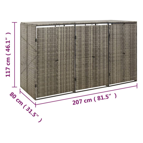 Grauer Dreifach-Mülleimerunterstand Dominik 207x80x117cm (Polyrattan)