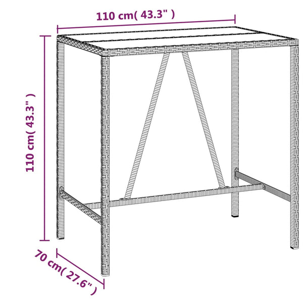 Brauner Bartisch Mihaili 110x70x110cm (mit Glasplatte, Polyrattan)