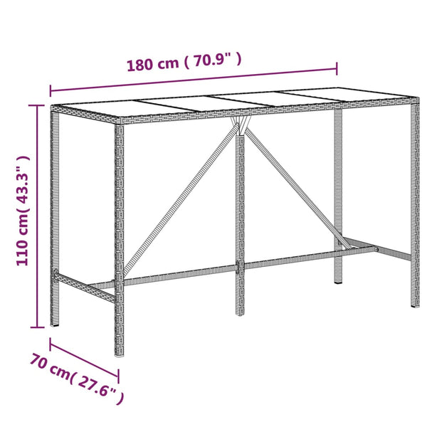 Brauner Bartisch Mihaili 180x70x110cm (mit Glasplatte Polyrattan)