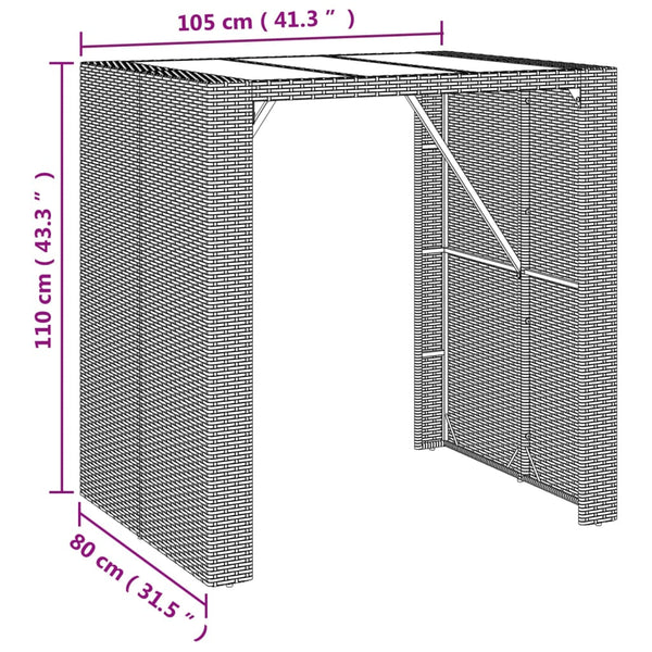 Brauner Bartisch Jenu 105x80x110cm (Polyrattan mit Glasplatte)