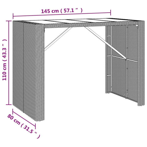 Grauer Bartisch Jenu 145x80x110cm (mit Glasplatte Polyrattan)