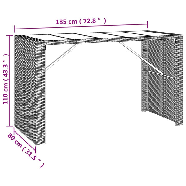 Grauer Bartisch Jenu 185x80x110cm (mit Glasplatte, Polyrattan)