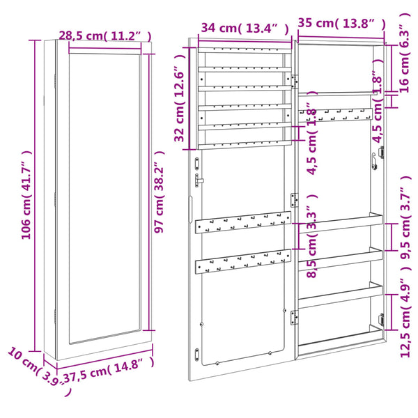 Schwarzer Spiegelschmuckschrank Louisa 37,5x10x106cm (Wandmontage)