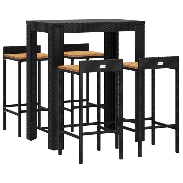 Schwarzes Gartenbarset Lacea (5-teilig, Polyrattan/Akazienholz)