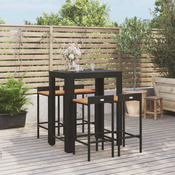 Schwarzes Gartenbarset Lacea (5-teilig, Polyrattan/Akazienholz)