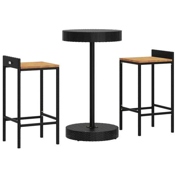 Schwarzes Outdoor-Bar-Set Stetenco, 3-teilig (Polyrattan/Akazienholz)