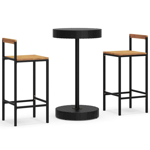 Schwarzes Outdoor-Barset Musat (3-teilig, Polyrattan/Akazienholz)