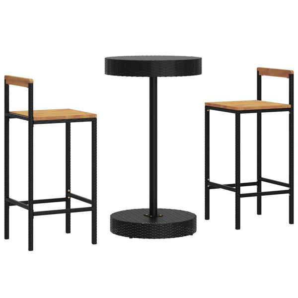 Schwarzes Outdoor-Barset Musat (3-teilig, Polyrattan/Akazienholz)