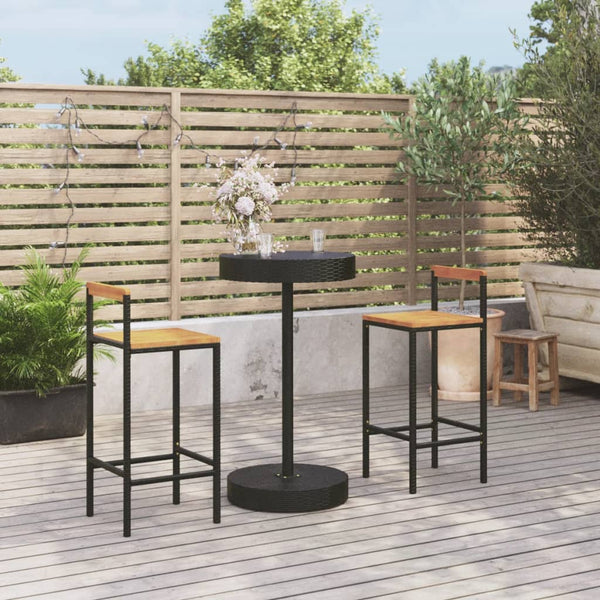 Schwarzes Outdoor-Barset Musat (3-teilig, Polyrattan/Akazienholz)