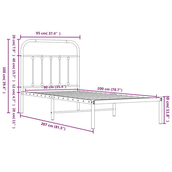 Schwarzes Metallbettgestell mit Kopfteil Honorina 90x200cm