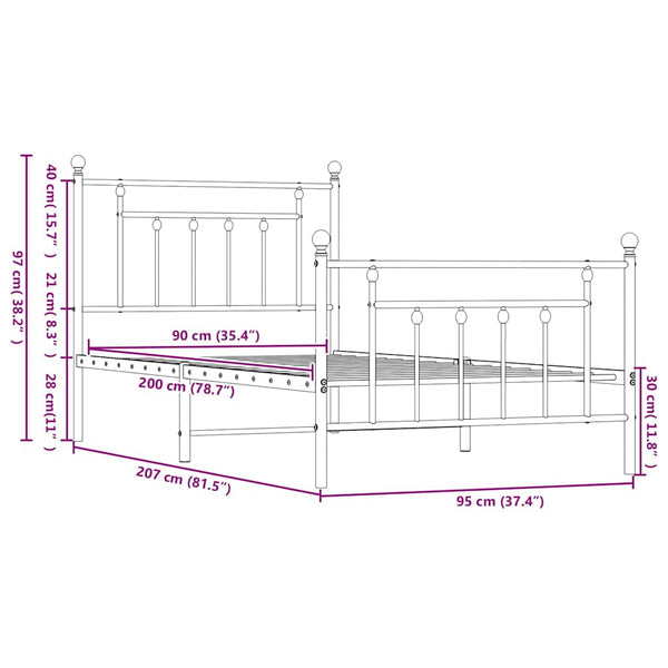Schwarzes Metallbettgestell mit Kopfteil und Fußteil Paisie 90x200cm