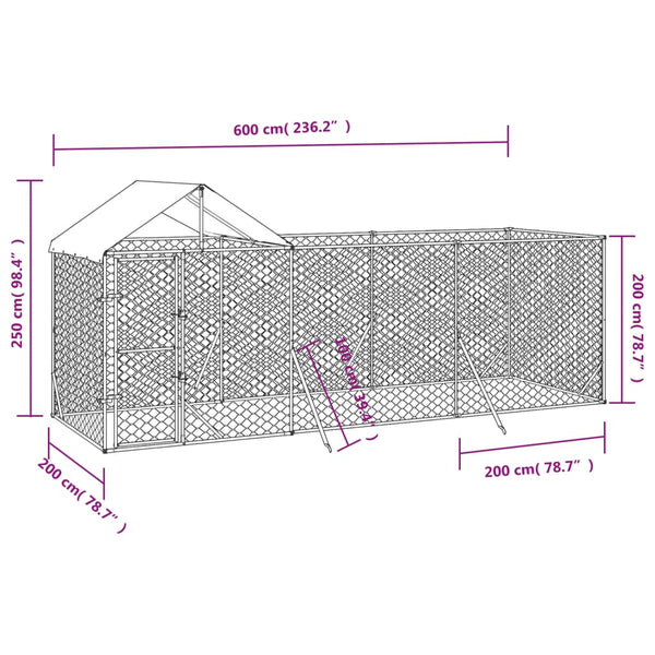 Silberner Hundeauslauf mit Dach Arist 6x2x2,5 m (verzinkter Stahl)