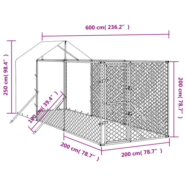 Hopea koiran ulkohäkki katolla Alecs 2x6x2,5 m (galvanoitu teräs)