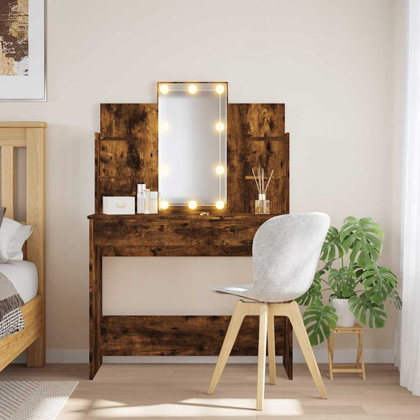 Räuchereiche Schminktisch mit LED-Beleuchtung Valadea 96x40x142cm