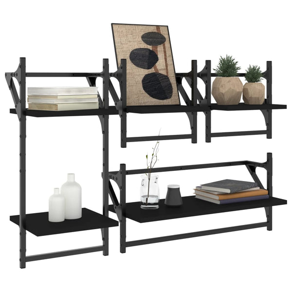 Schwarzes Wandregal-Set Artimia 4-teilig (mit Stangen, Holz)
