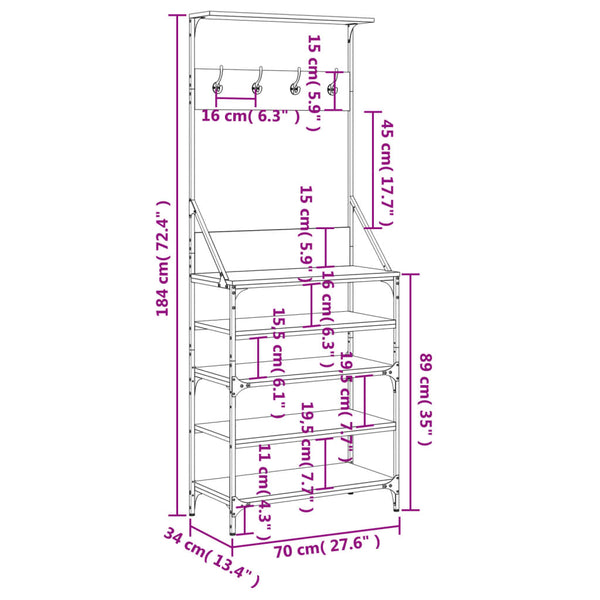 Garderobe mit Schuhregal Manuelita aus Rauchereiche 70x34x184cm