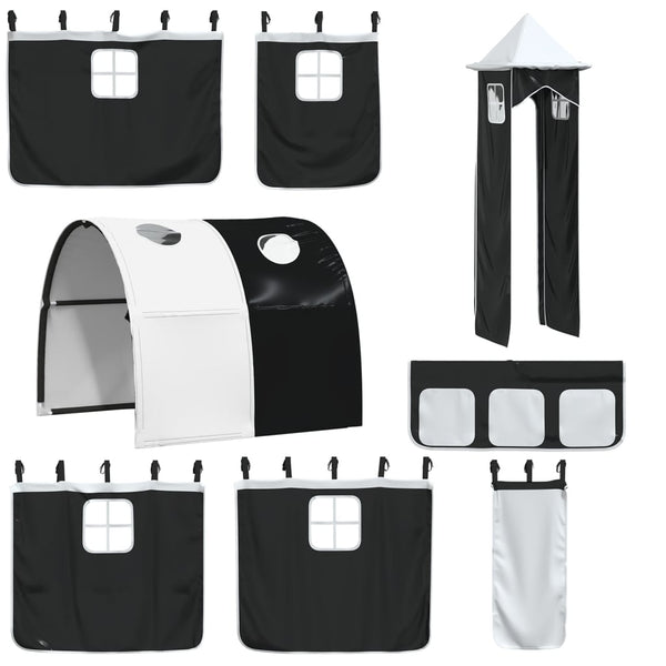 Schwarz-weißes Hochbett mit Vorhängen, Tunnel und Turm Walker (Polyester)