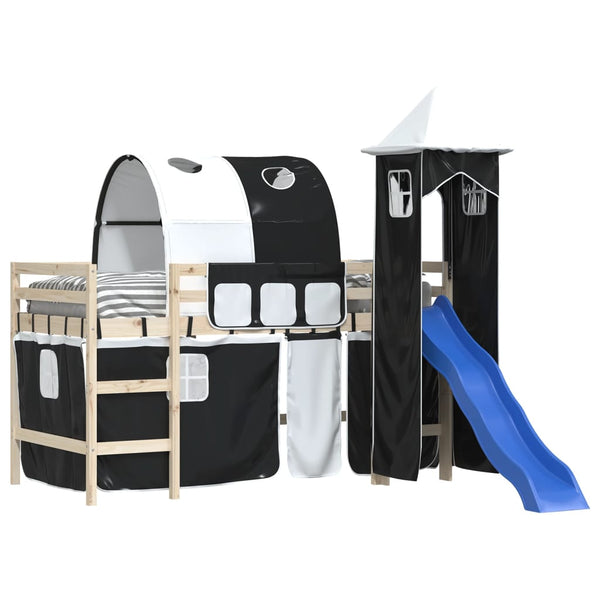 Schwarz-weißes Hochbett mit Vorhängen, Tunnel und Turm Walker (Polyester)