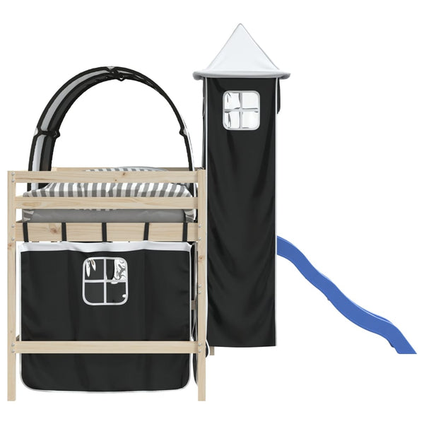 Schwarz-weißes Hochbett mit Vorhängen, Tunnel und Turm Walker (Polyester)