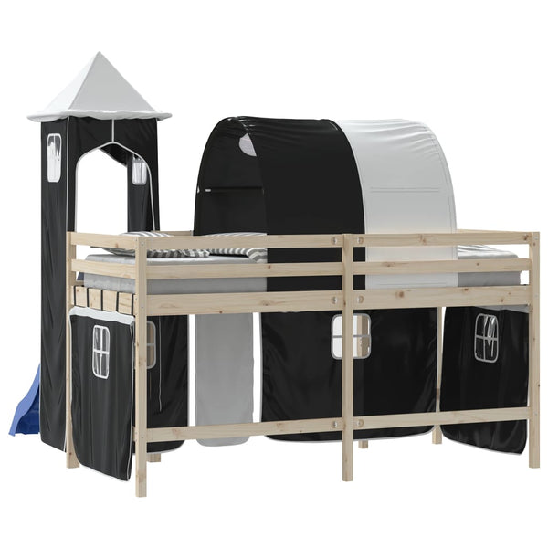 Schwarz-weißes Hochbett mit Vorhängen, Tunnel und Turm Walker (Polyester)